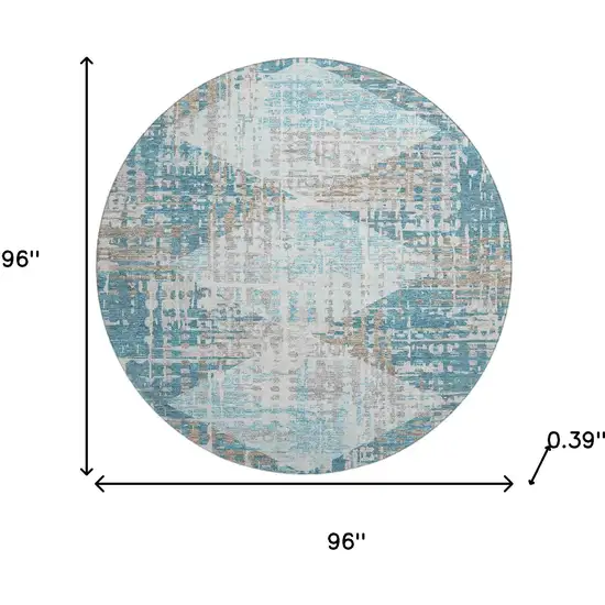 8' Teal And Beige Geometric Washable Round Rug With UV Protection Photo 8