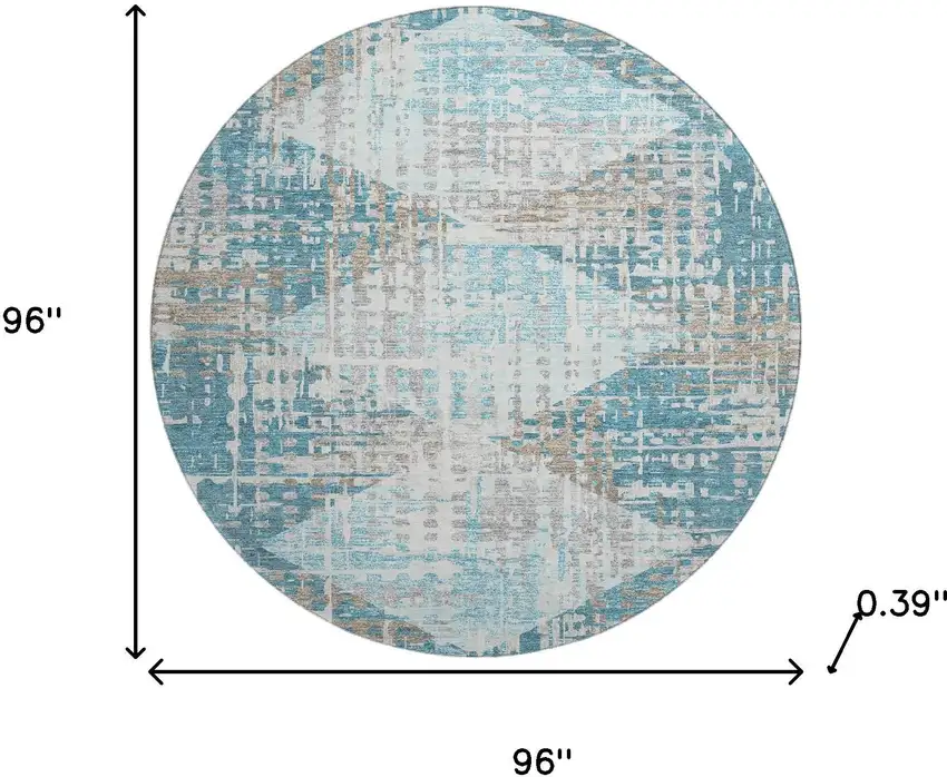 8' Teal And Beige Geometric Washable Round Rug With UV Protection Photo 8