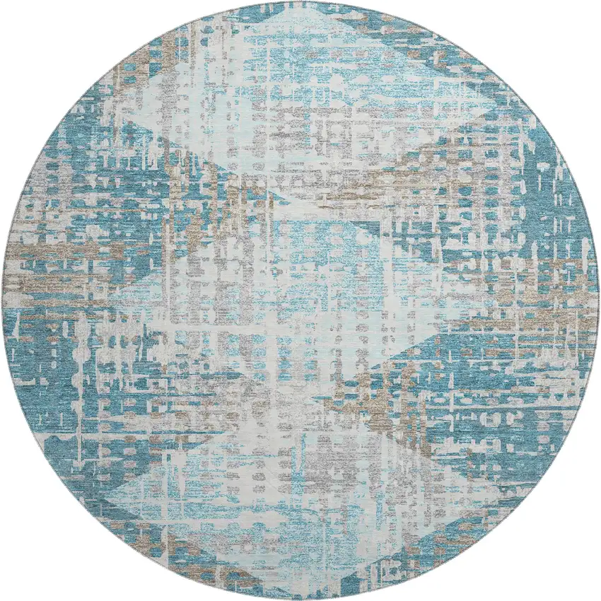 8' Teal And Beige Geometric Washable Round Rug With UV Protection Photo 1