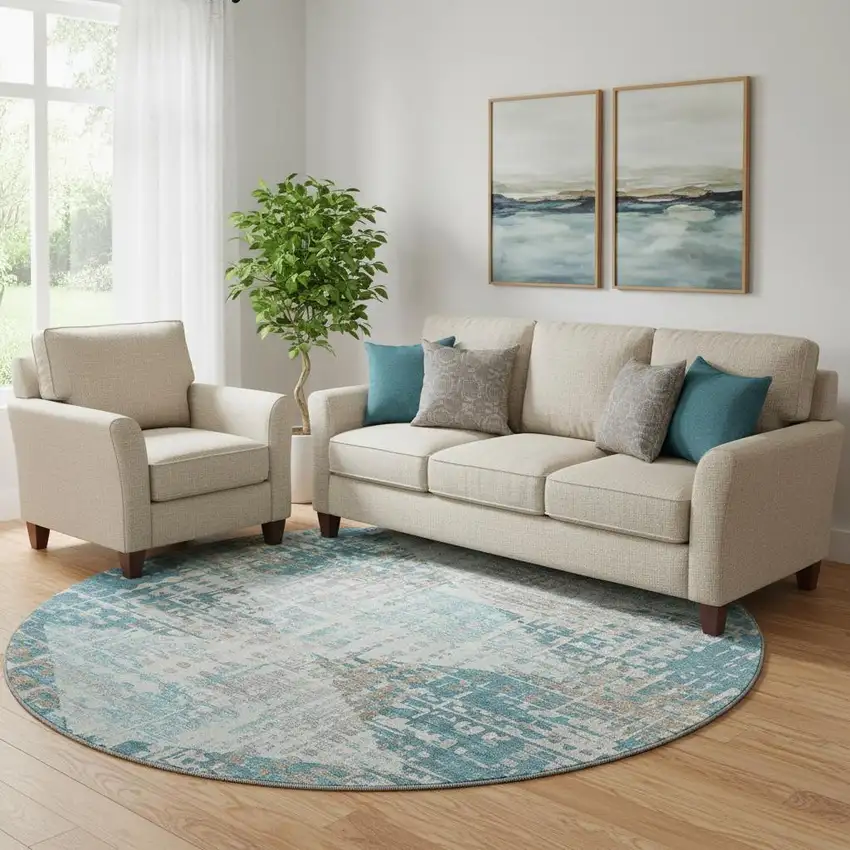8' Teal And Beige Geometric Washable Round Rug With UV Protection Photo 2