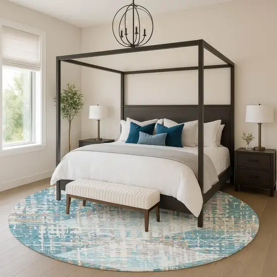 8' Teal And Beige Geometric Washable Round Rug With UV Protection Photo 5