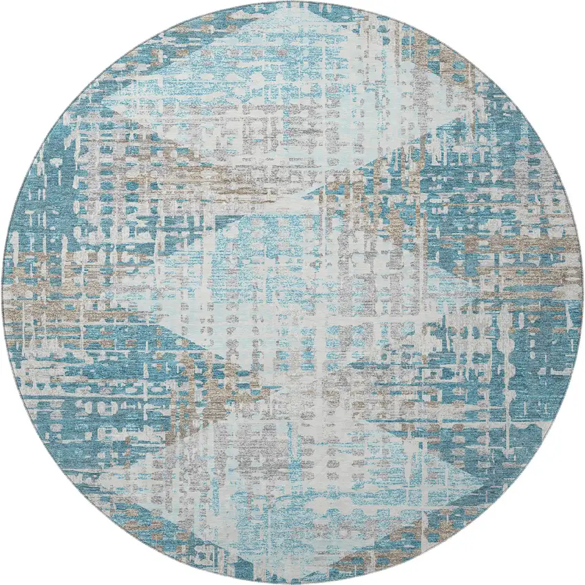 8' Teal And Beige Geometric Washable Round Rug With UV Protection Photo 4