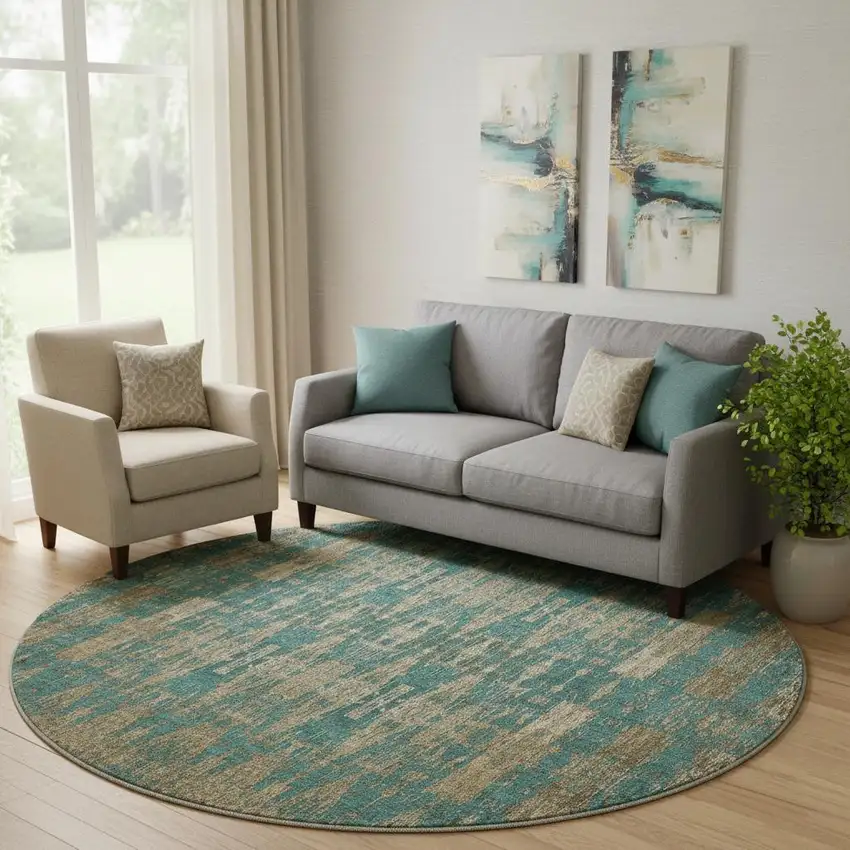 8' Teal And Beige Moroccan Washable Round Rug With UV Protection Photo 1