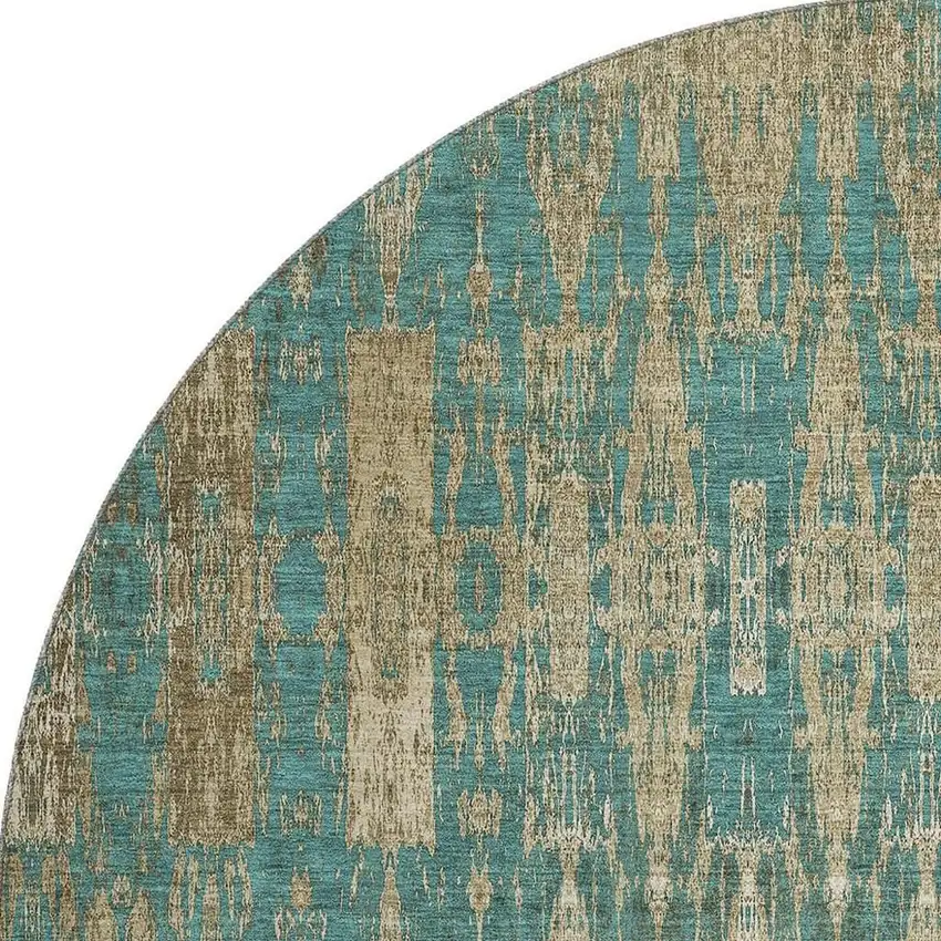 8' Teal And Beige Moroccan Washable Round Rug With UV Protection Photo 4