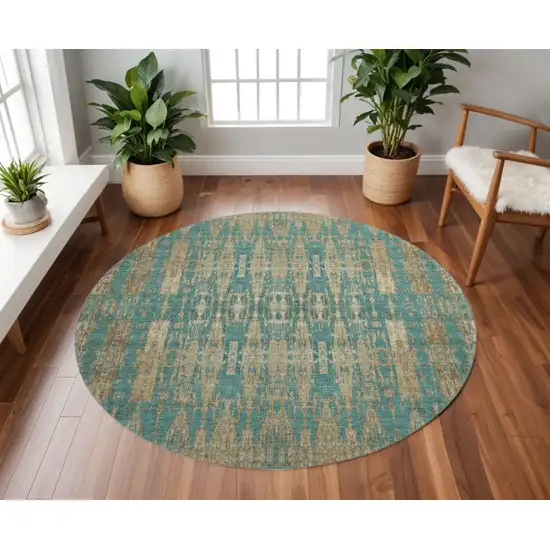 8' Teal And Beige Moroccan Washable Round Rug With UV Protection Photo 2