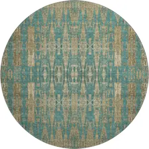 Photo of 8' Teal And Beige Moroccan Washable Round Rug With UV Protection