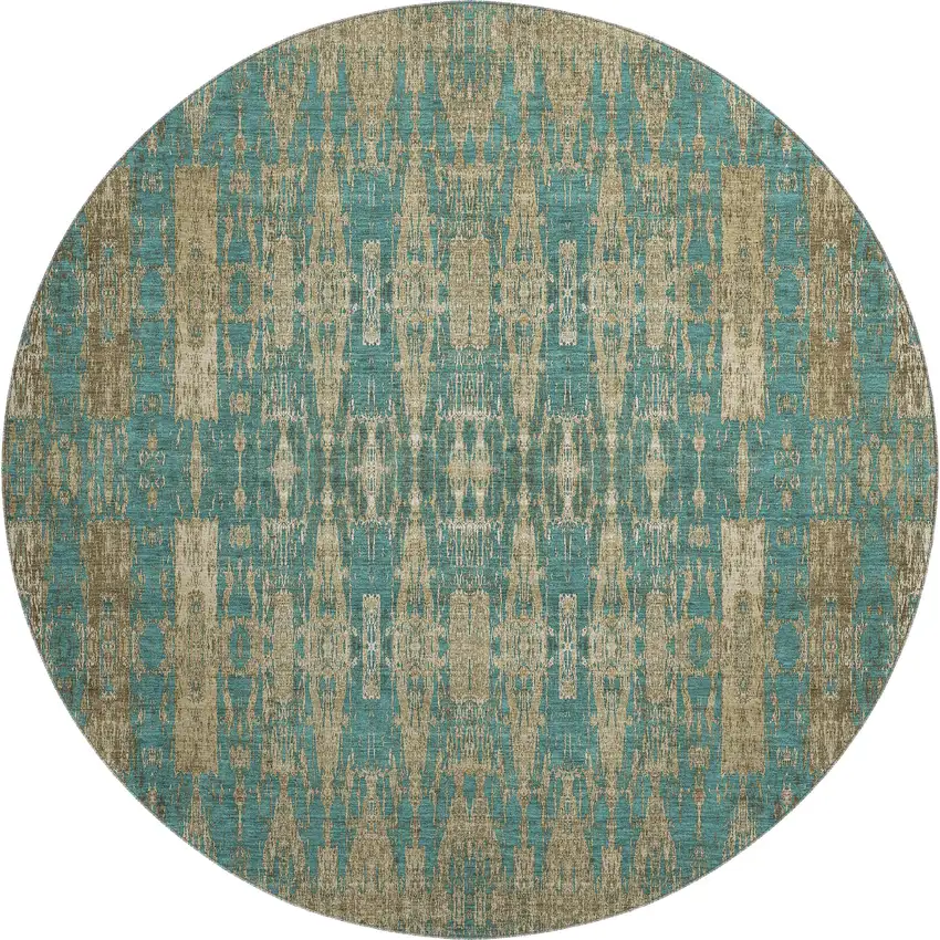 8' Teal And Beige Moroccan Washable Round Rug With UV Protection Photo 1
