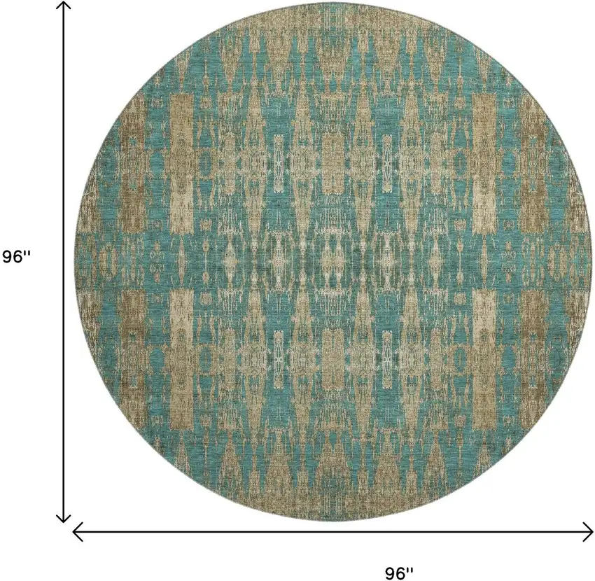 8' Teal And Beige Moroccan Washable Round Rug With UV Protection Photo 3