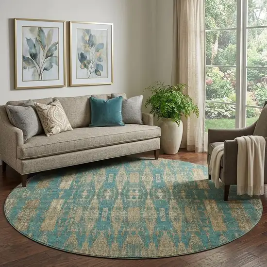 8' Teal And Beige Moroccan Washable Round Rug With UV Protection Photo 1