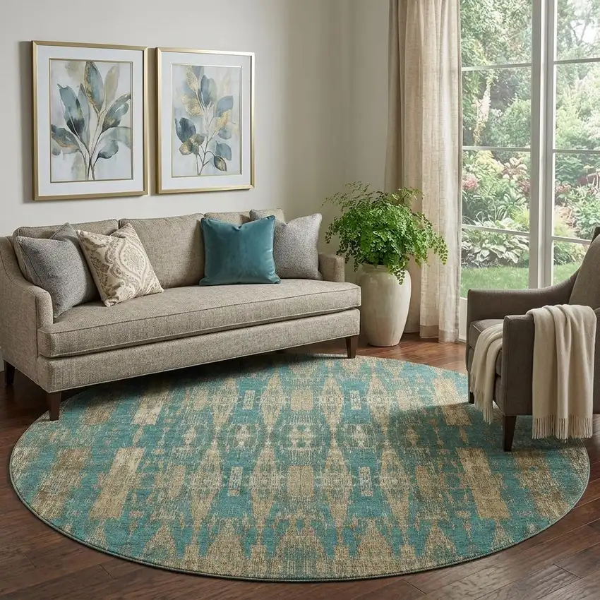 8' Teal And Beige Moroccan Washable Round Rug With UV Protection Photo 1