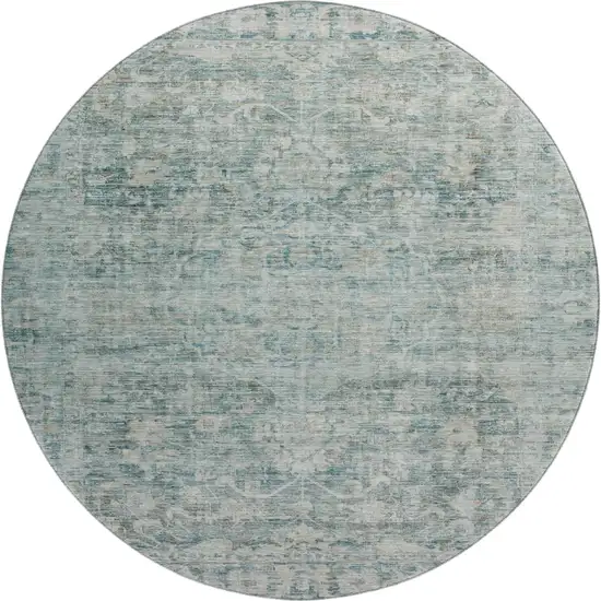 8' Teal And Beige Oriental Washable Round Rug With UV Protection Photo 1