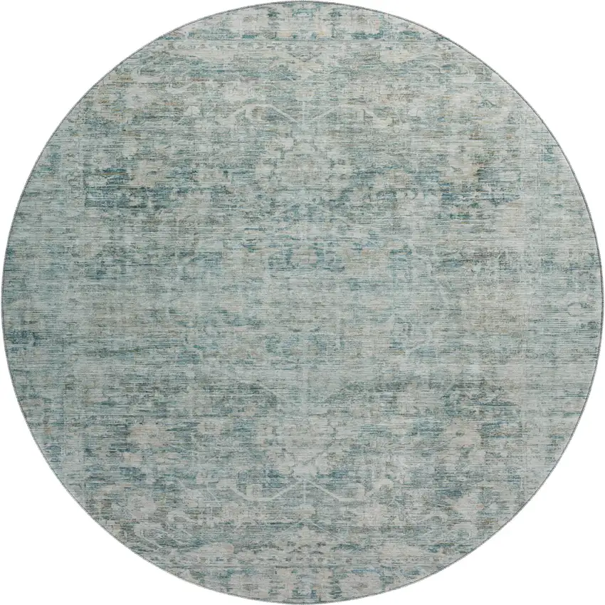 8' Teal And Beige Oriental Washable Round Rug With UV Protection Photo 1