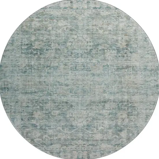 8' Teal And Beige Oriental Washable Round Rug With UV Protection Photo 3