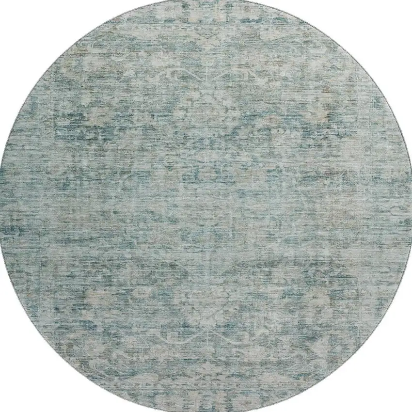 8' Teal And Beige Oriental Washable Round Rug With UV Protection Photo 3