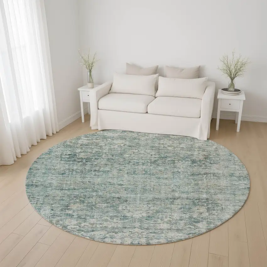 8' Teal And Beige Oriental Washable Round Rug With UV Protection Photo 4