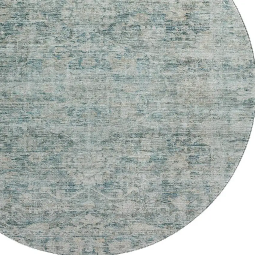 8' Teal And Beige Oriental Washable Round Rug With UV Protection Photo 2