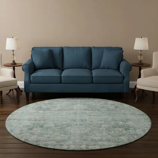 8' Teal And Beige Oriental Washable Round Rug With UV Protection Photo 2