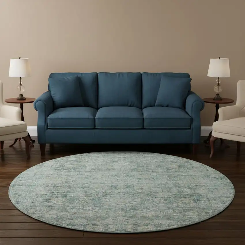 8' Teal And Beige Oriental Washable Round Rug With UV Protection Photo 2