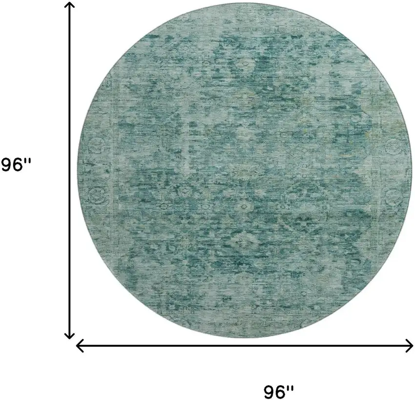 8' Teal And Beige Oriental Washable Round Rug With UV Protection Photo 9