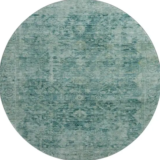 8' Teal And Beige Oriental Washable Round Rug With UV Protection Photo 2