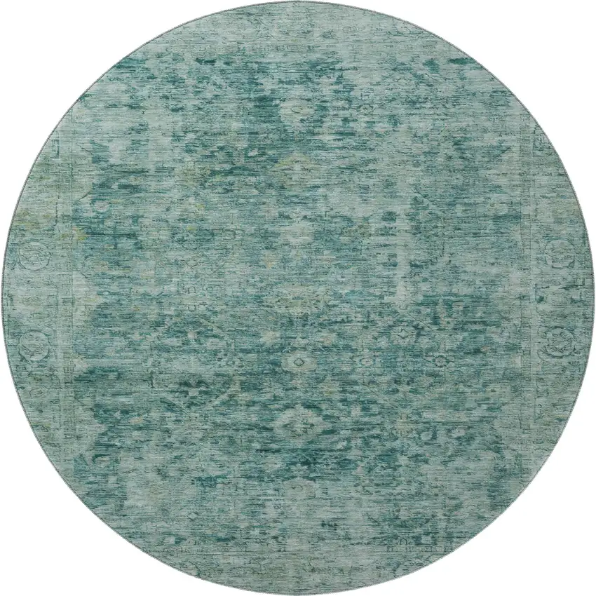 8' Teal And Beige Oriental Washable Round Rug With UV Protection Photo 3