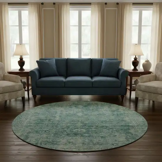8' Teal And Beige Oriental Washable Round Rug With UV Protection Photo 2