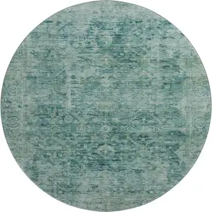 Photo of 8' Teal And Beige Oriental Washable Round Rug With UV Protection