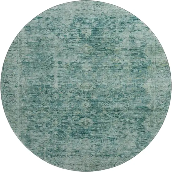 8' Teal And Beige Oriental Washable Round Rug With UV Protection Photo 1