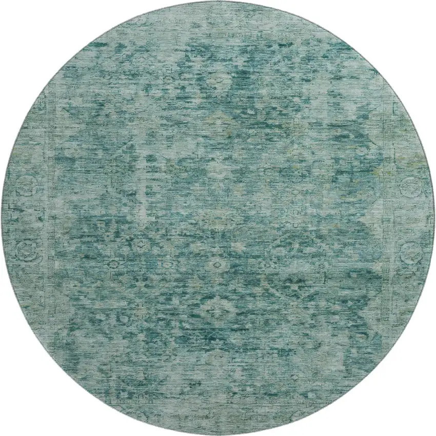 8' Teal And Beige Oriental Washable Round Rug With UV Protection Photo 1
