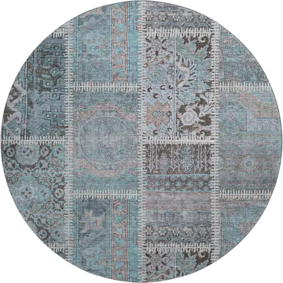 8' Teal And Beige Patchwork Washable Round Rug With UV Protection Photo 1