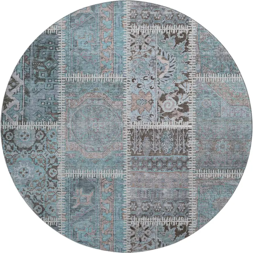 8' Teal And Beige Patchwork Washable Round Rug With UV Protection Photo 1