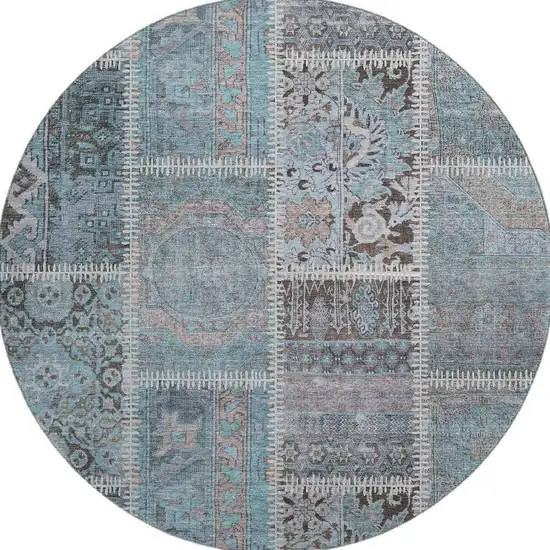 8' Teal And Beige Patchwork Washable Round Rug With UV Protection Photo 4