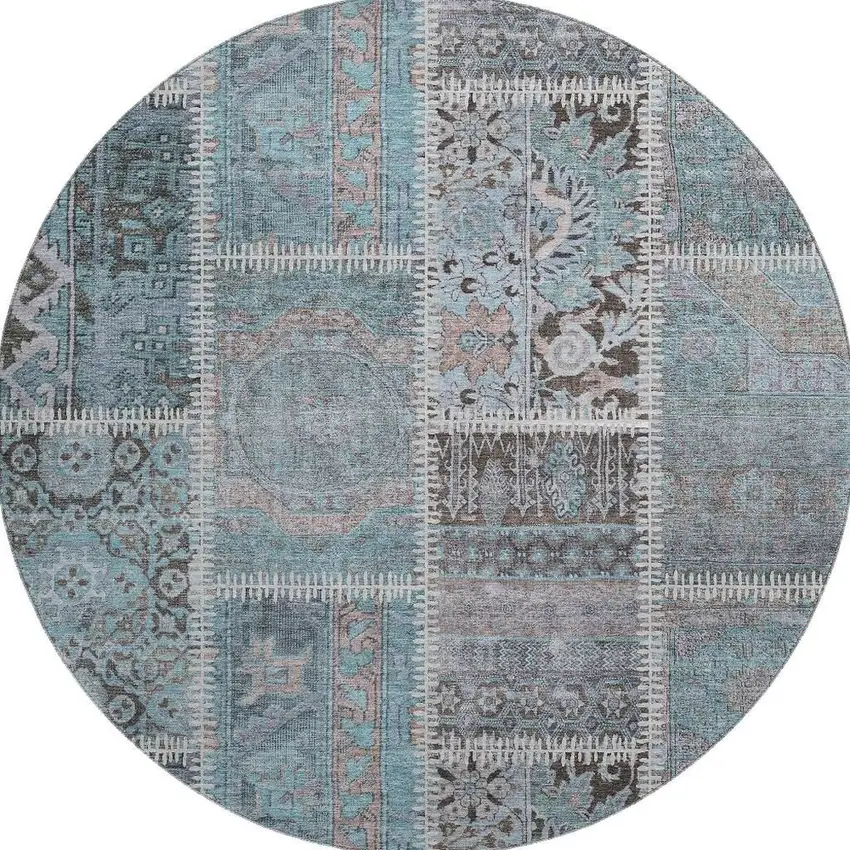 8' Teal And Beige Patchwork Washable Round Rug With UV Protection Photo 4