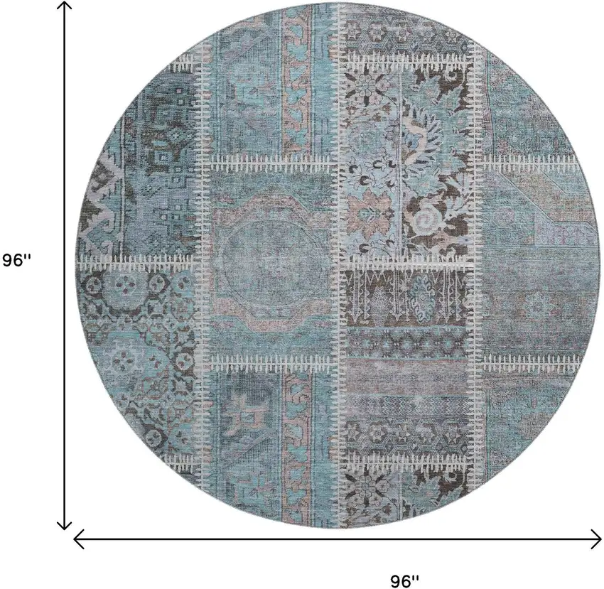 8' Teal And Beige Patchwork Washable Round Rug With UV Protection Photo 3