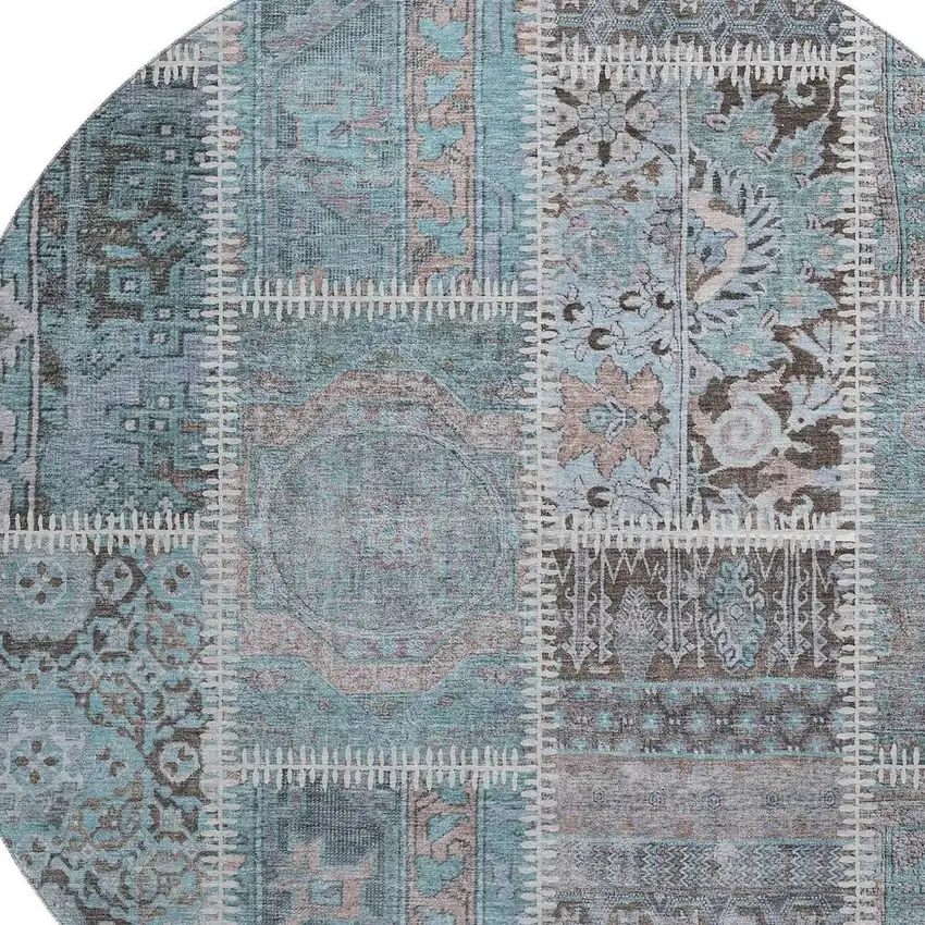 8' Teal And Beige Patchwork Washable Round Rug With UV Protection Photo 3