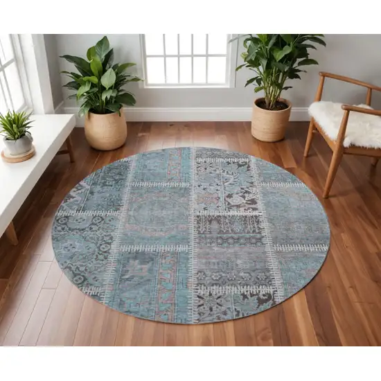 8' Teal And Beige Patchwork Washable Round Rug With UV Protection Photo 2