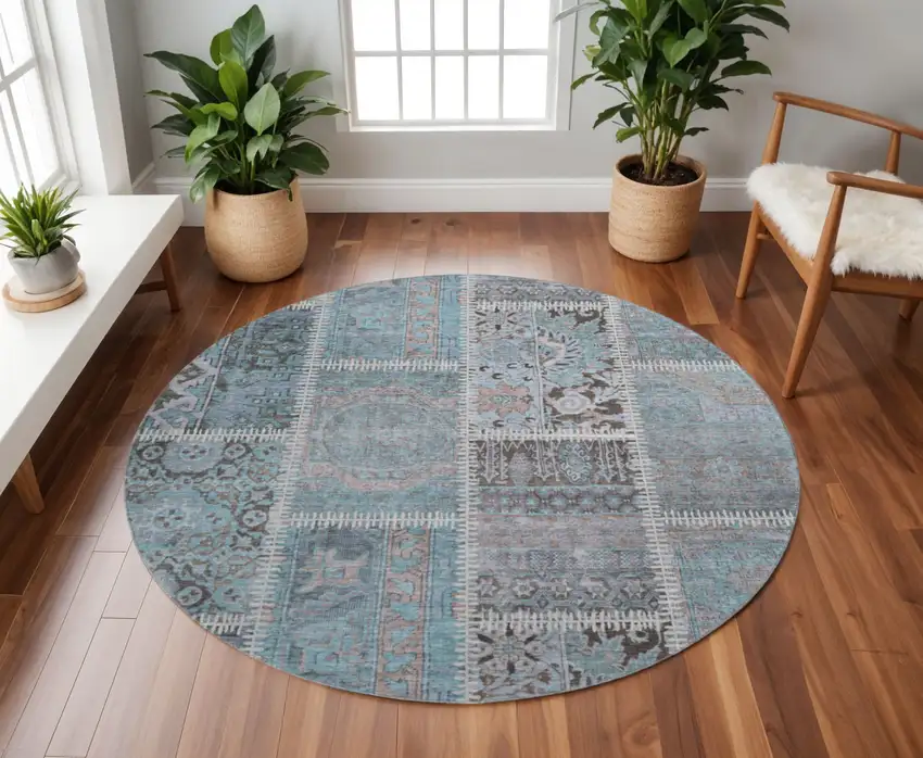 8' Teal And Beige Patchwork Washable Round Rug With UV Protection Photo 2
