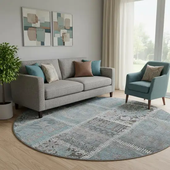 8' Teal And Beige Patchwork Washable Round Rug With UV Protection Photo 1