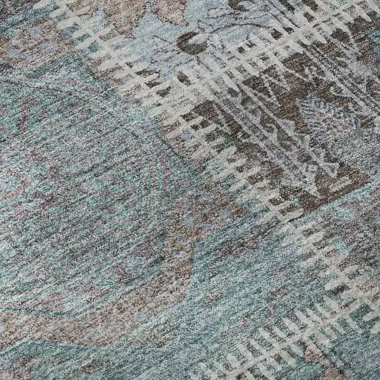 8' Teal And Beige Patchwork Washable Round Rug With UV Protection Photo 9