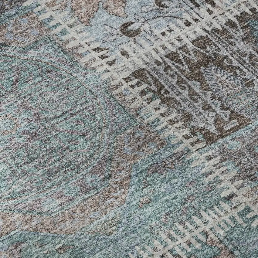 8' Teal And Beige Patchwork Washable Round Rug With UV Protection Photo 9