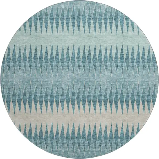 8' Teal And Beige Striped Washable Round Rug With UV Protection Photo 1