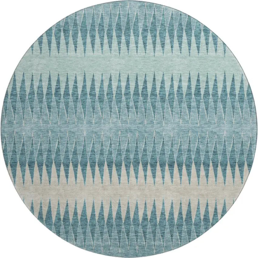 8' Teal And Beige Striped Washable Round Rug With UV Protection Photo 1