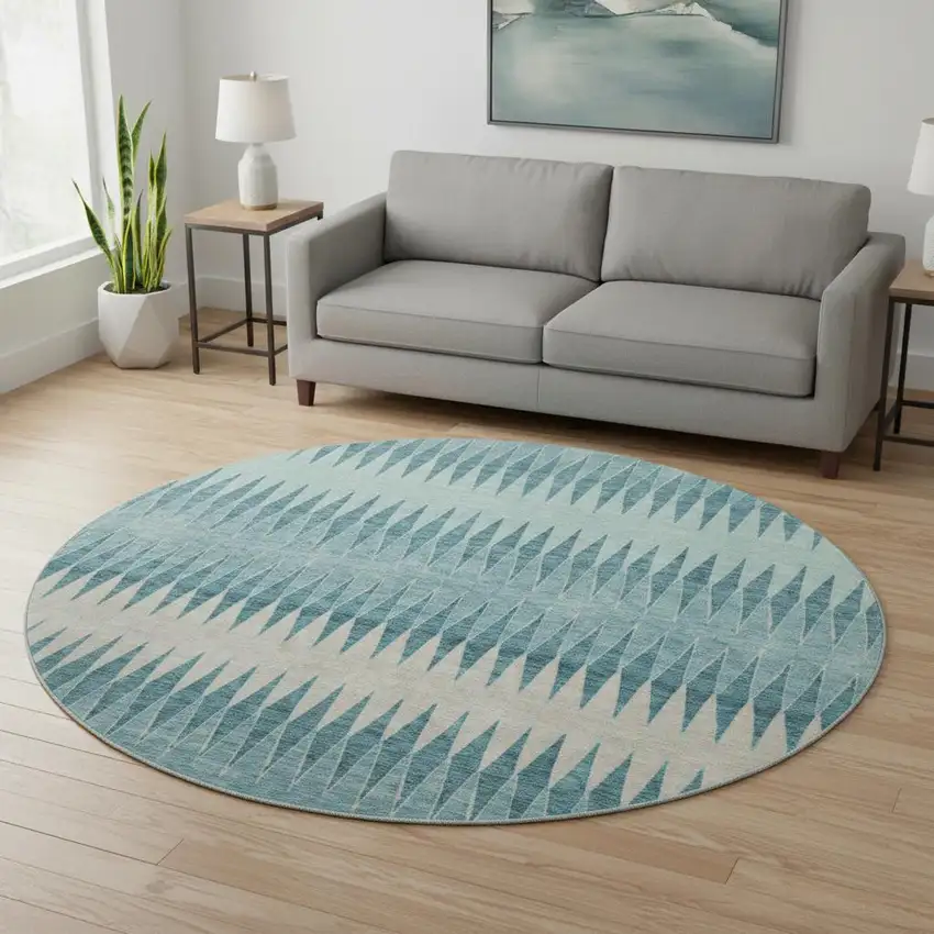 8' Teal And Beige Striped Washable Round Rug With UV Protection Photo 2