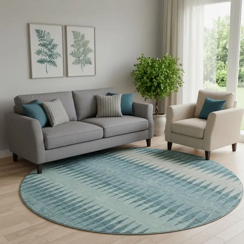 8' Teal And Beige Striped Washable Round Rug With UV Protection Photo 1