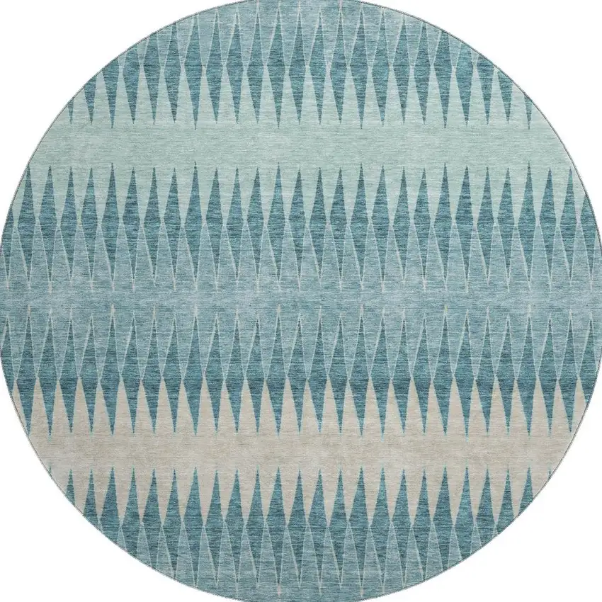 8' Teal And Beige Striped Washable Round Rug With UV Protection Photo 4