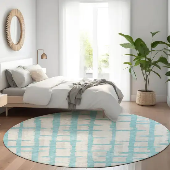 8' Teal And Beige Striped Washable Round Rug With UV Protection Photo 5