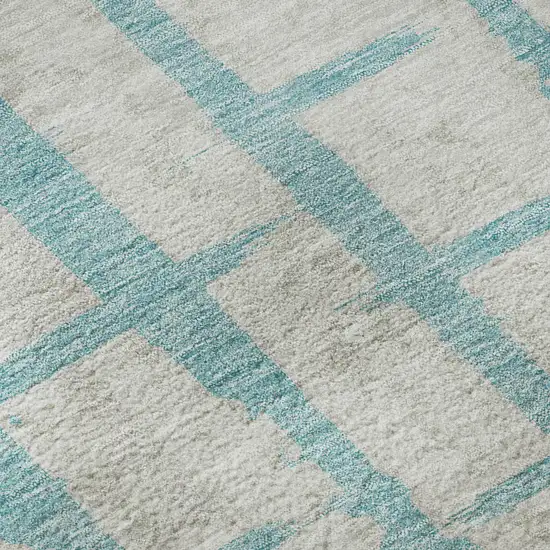 8' Teal And Beige Striped Washable Round Rug With UV Protection Photo 9