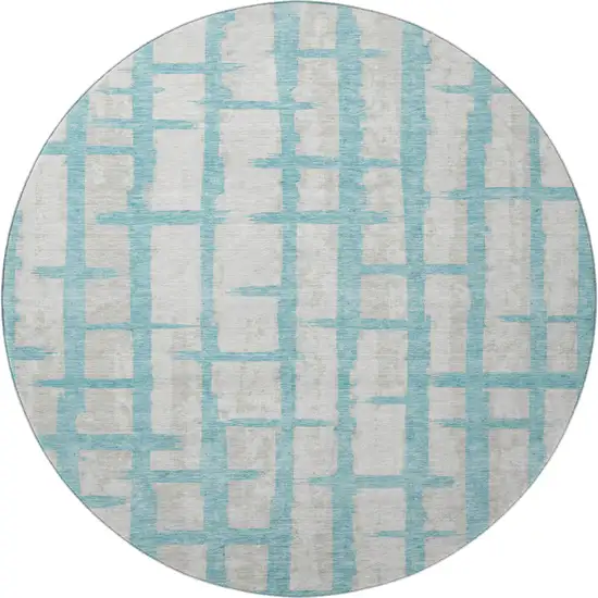 8' Teal And Beige Striped Washable Round Rug With UV Protection Photo 4