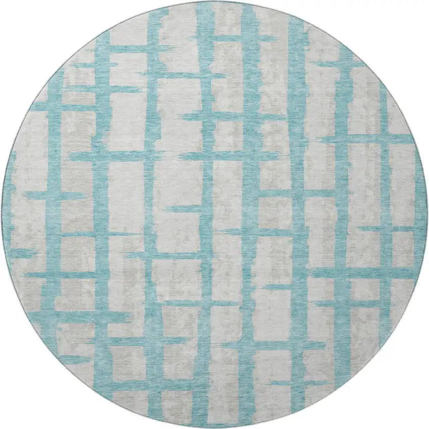 8' Teal And Beige Striped Washable Round Rug With UV Protection Photo 4