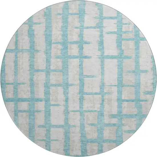 8' Teal And Beige Striped Washable Round Rug With UV Protection Photo 1
